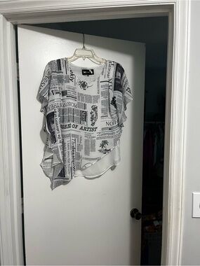 Newspaper-Print Layered Blouse - Black & White